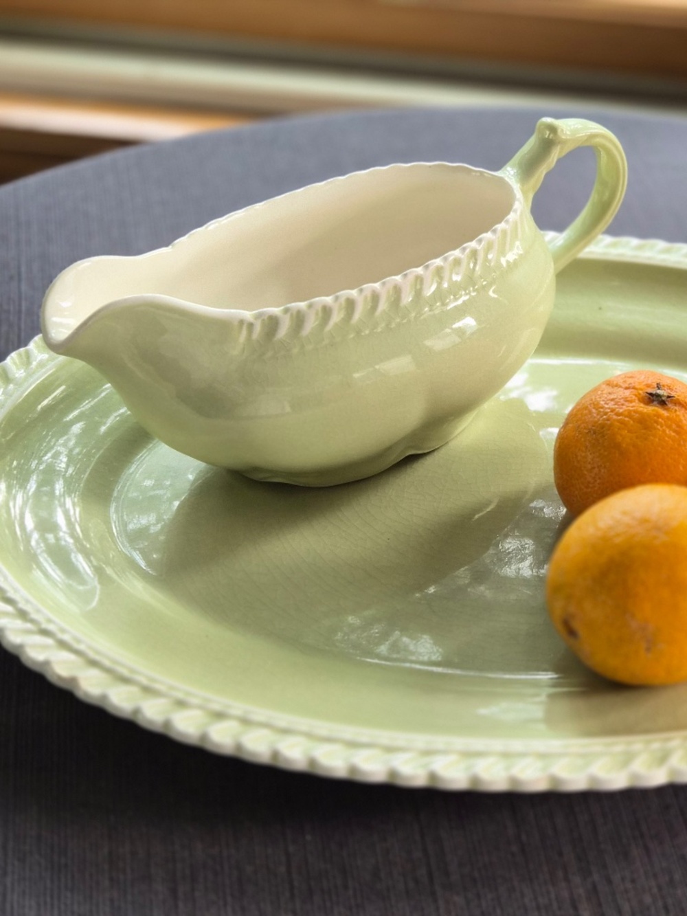 Vintage Harker Pottery "Sun Valley" Celadon Green Serving Platter and Gravy Boat